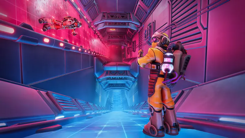 Two explorers advancing together through a neon facility corridor