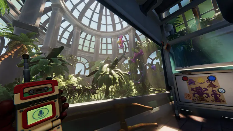 An explorer holding a walkie-talkie inside the magenta Norcek chamber